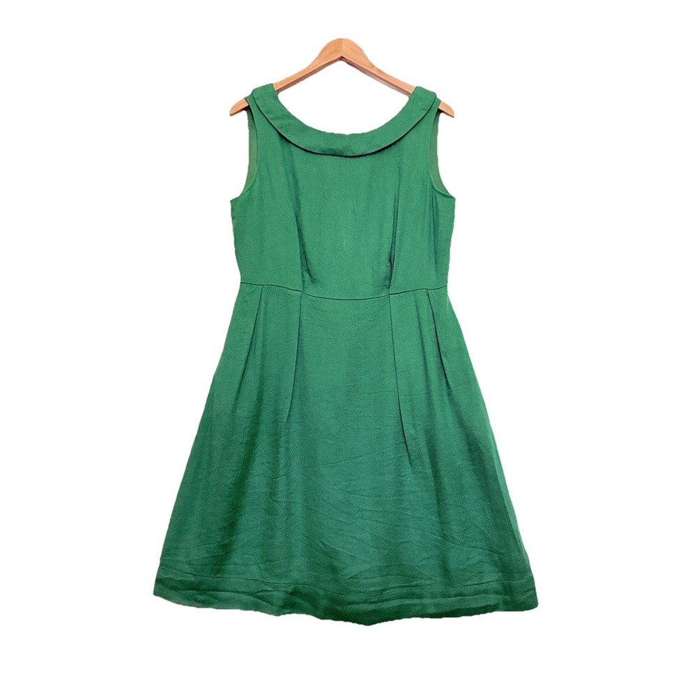 Lands End Linen Dress Sz 10 Green Boat Neck Fit Flare Minimalist Coastal Classic